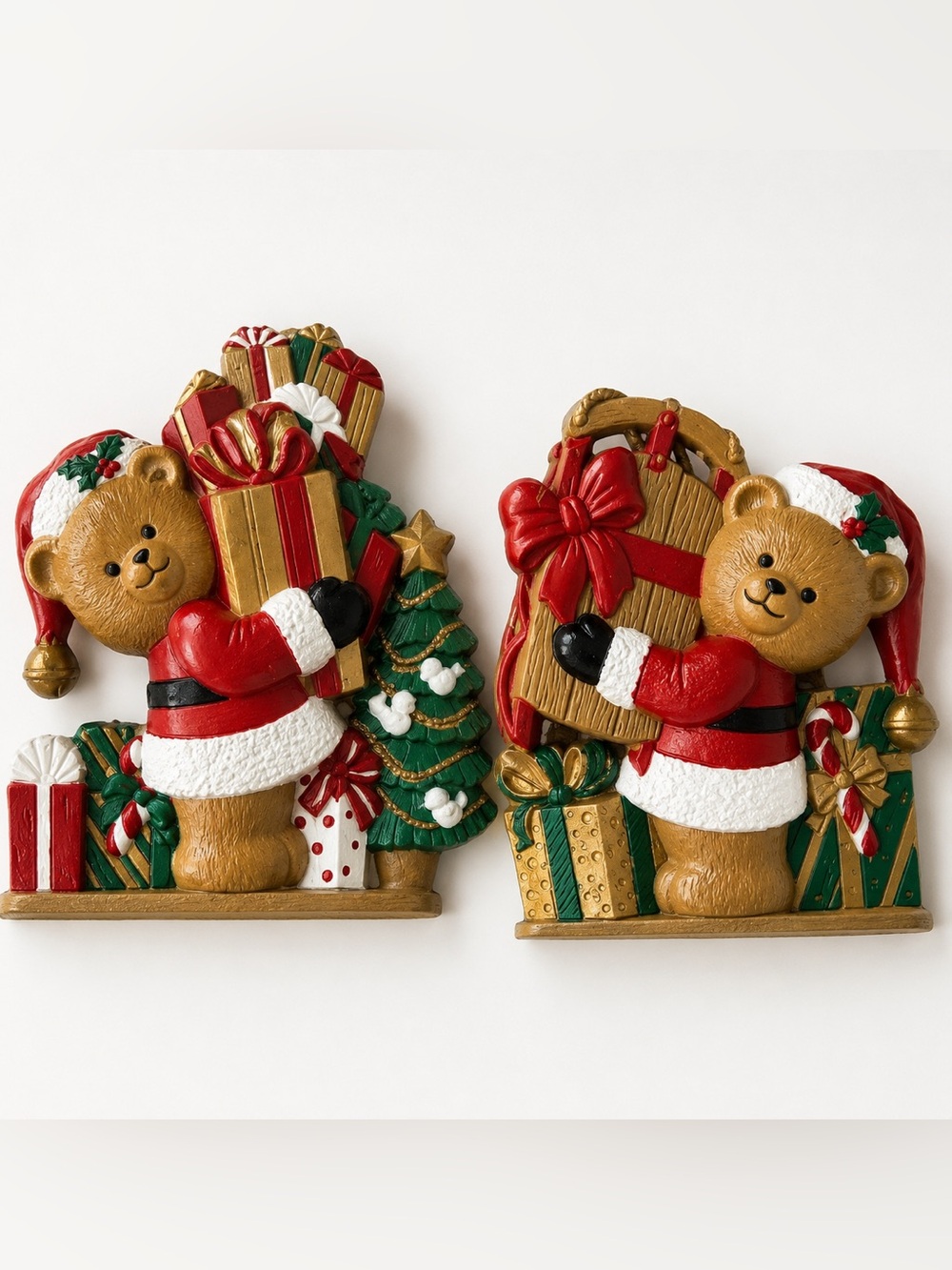 Vintage 1993 Burwood Christmas Bear Wall Plaques Set Santa Teddy Holiday Decor